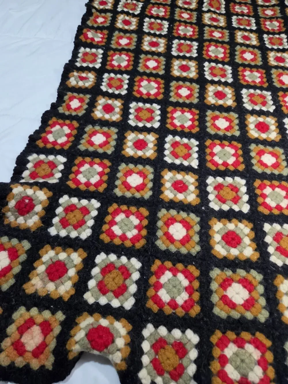VTG Multicolor Wool Crochet Granny Square Roseanne FairIsle Quilt Blanket 50x40”